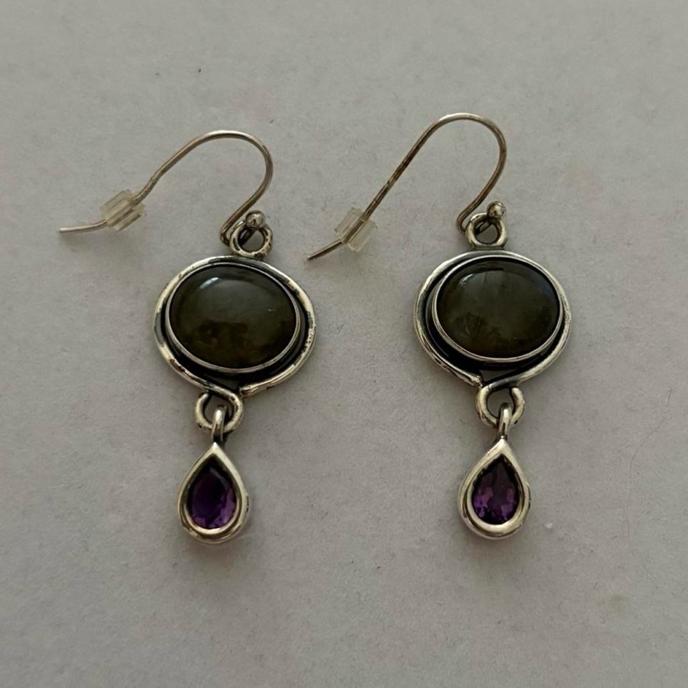 FD 925 Sterling Silver Cabochon & Teardop Dangly Fancy Earrings
